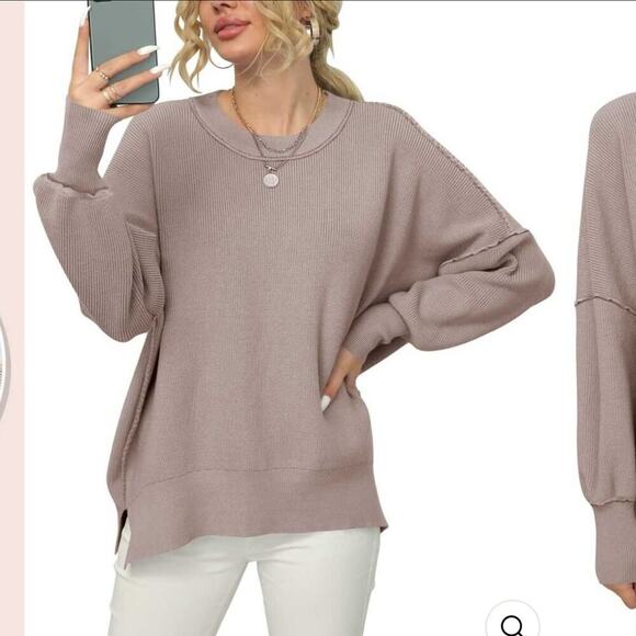 CREWNECK BATWING SLEEVE OVERSIZED SIDE SLIT RIBBED KNIT PULLOVER SWEATER Sz XL - Picture 1 of 5